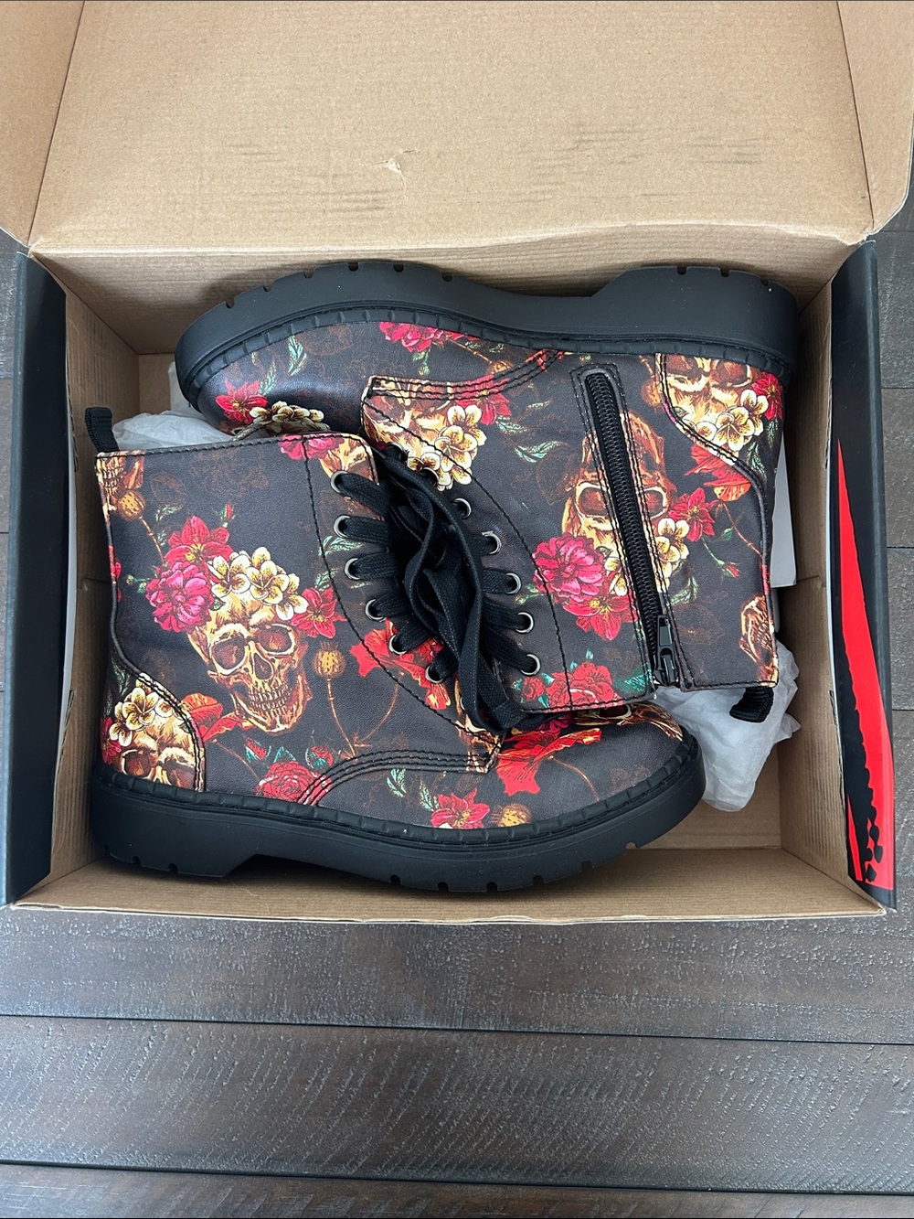 T.U.K Black Combat Boots with Red & Gold Floral Skull Print